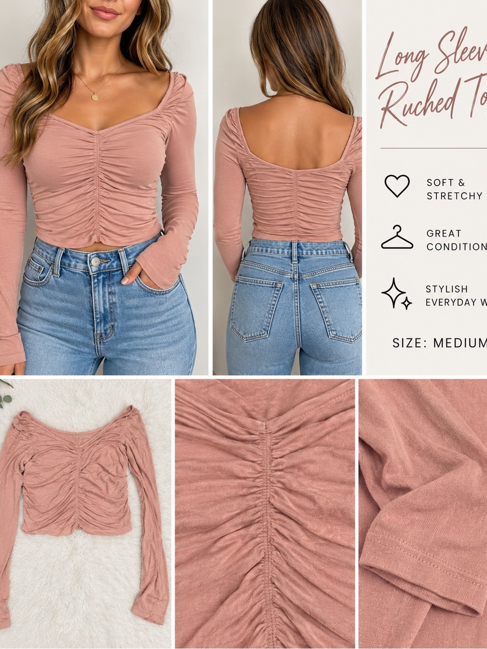 American Eagle Outfitters Mauve Ruched Long Sleeve Crop Top